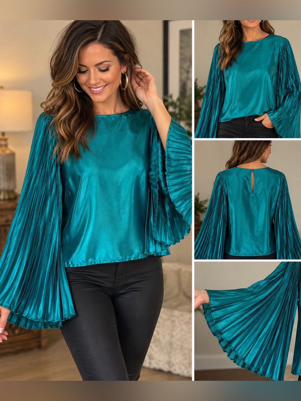 Strut & Bolt Teal Satin Pleated Bell Sleeve Top NWT Size Small